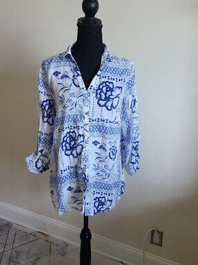 Halston 100% Linen Blue White Floral Button Up Roll Tab Sleeve Shirt Size L